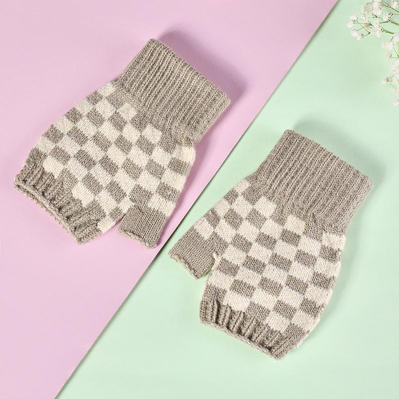 Теплые перчатки трикотажные клетчатые морозостойкие перчатки с половиной пальца для женщин зимние
