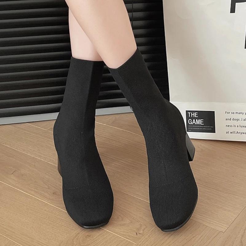 Распродажа женской обуви. Женские сапоги с рукавами. Весна-Осень. Квадратный носок. Однотонные короткие сапоги-бочонки. Каблук-бочка. Эластичные сапоги. Zapatos.