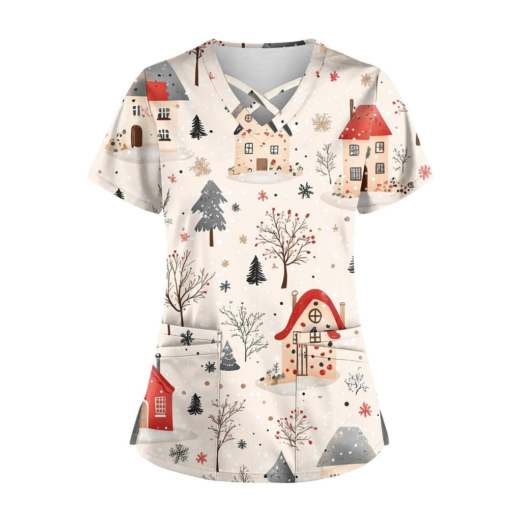 Women's Short Sleeve Stagger V Neck Christmas Print Pocket Dry-nurse Top