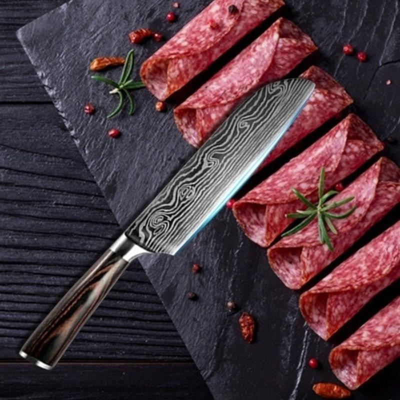 7-piece Laser Damascus Pattern Chef's Knife Sharp Santoku Meat Cleaver Slicing Utility Knife Tool