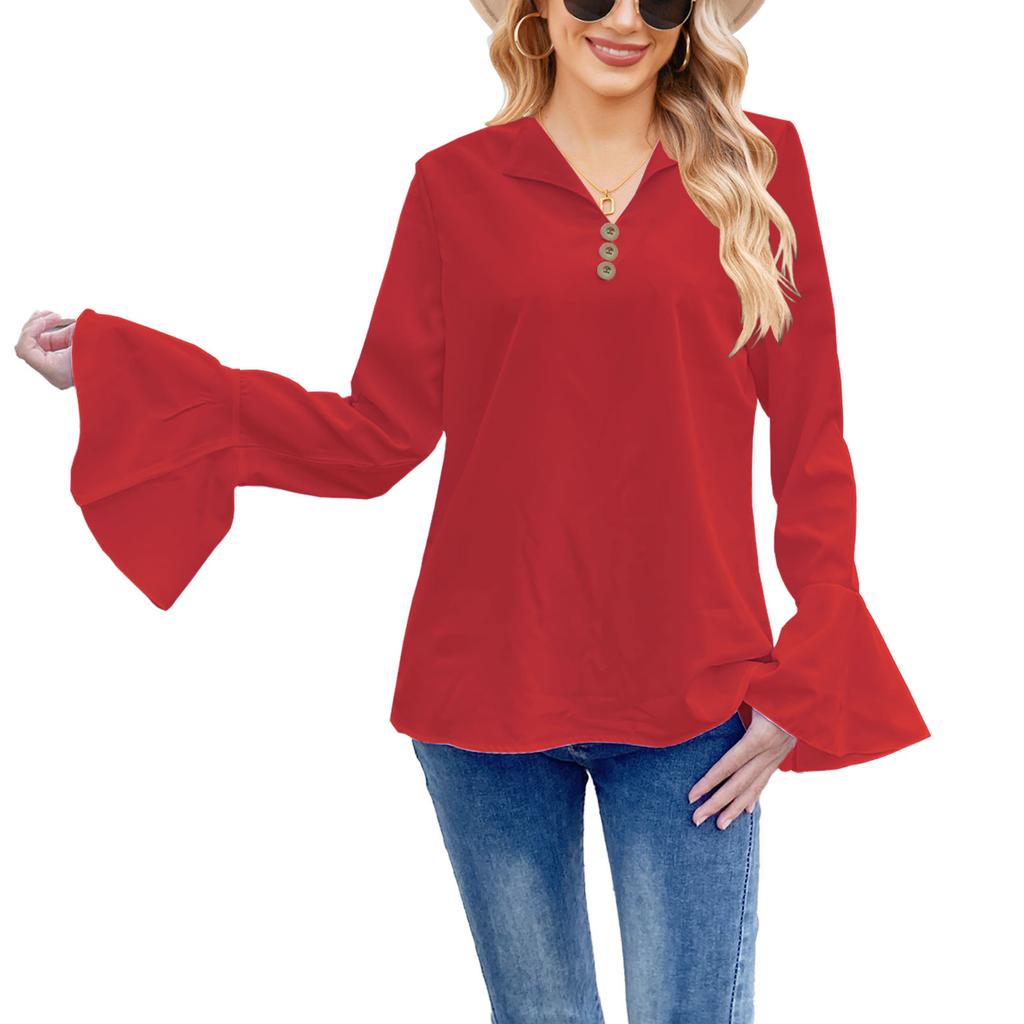 GMXIA Женские весенне-осенние рубашки с длинным рукавом и воланами, однотонные футболки, женские топы на пуговицах с V-образным вырезом