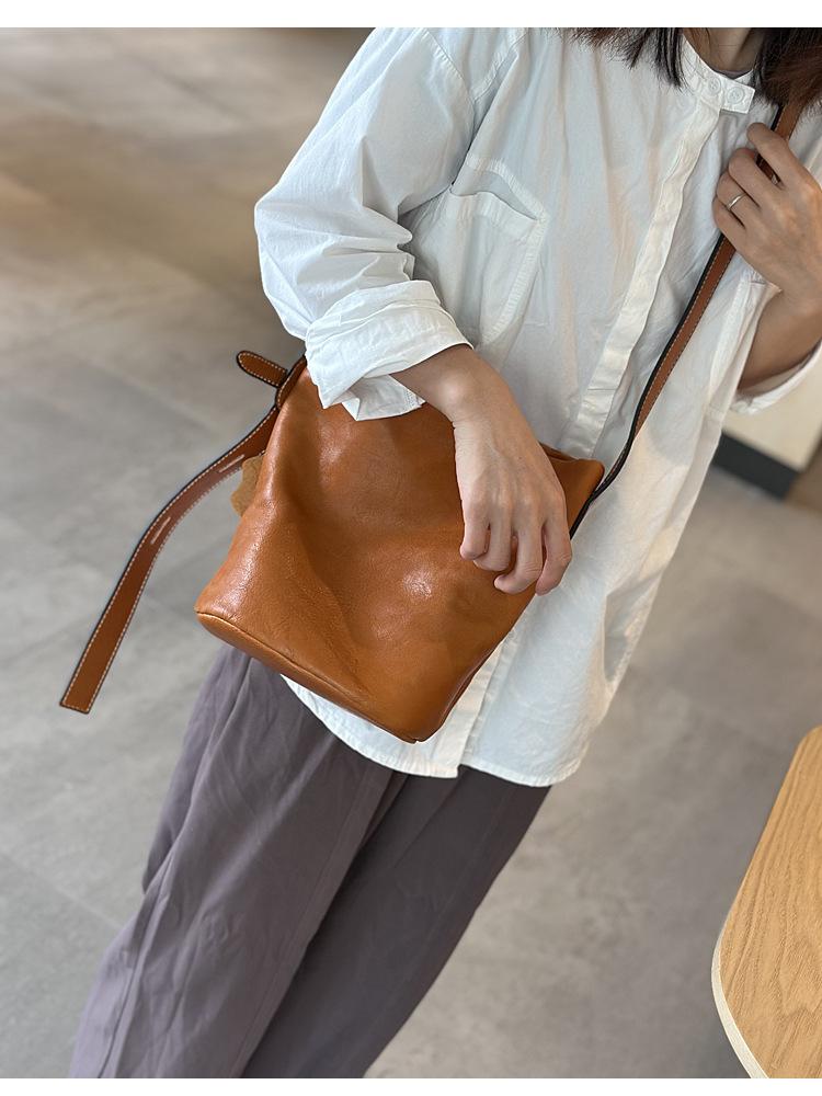 Johnature Simple Genuine Leather Bucket Bag Natural Real Cowhide Large Capacity Women's Shoulder & Crossbody Bags