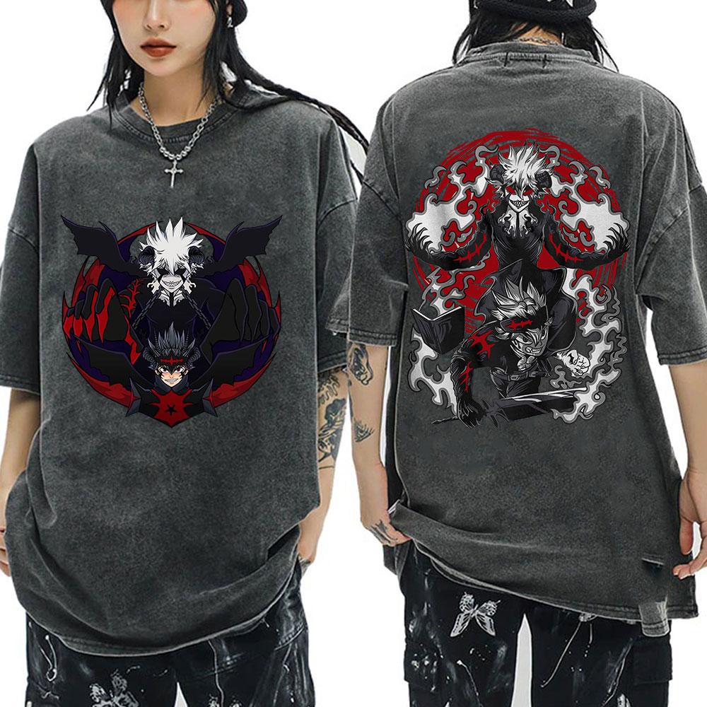 Washed Anime Black Clover Logo Graphic Print T-shirt Harajuku Summer Fashion Casual Cotton Oversized T-shirts Tops Streetwear