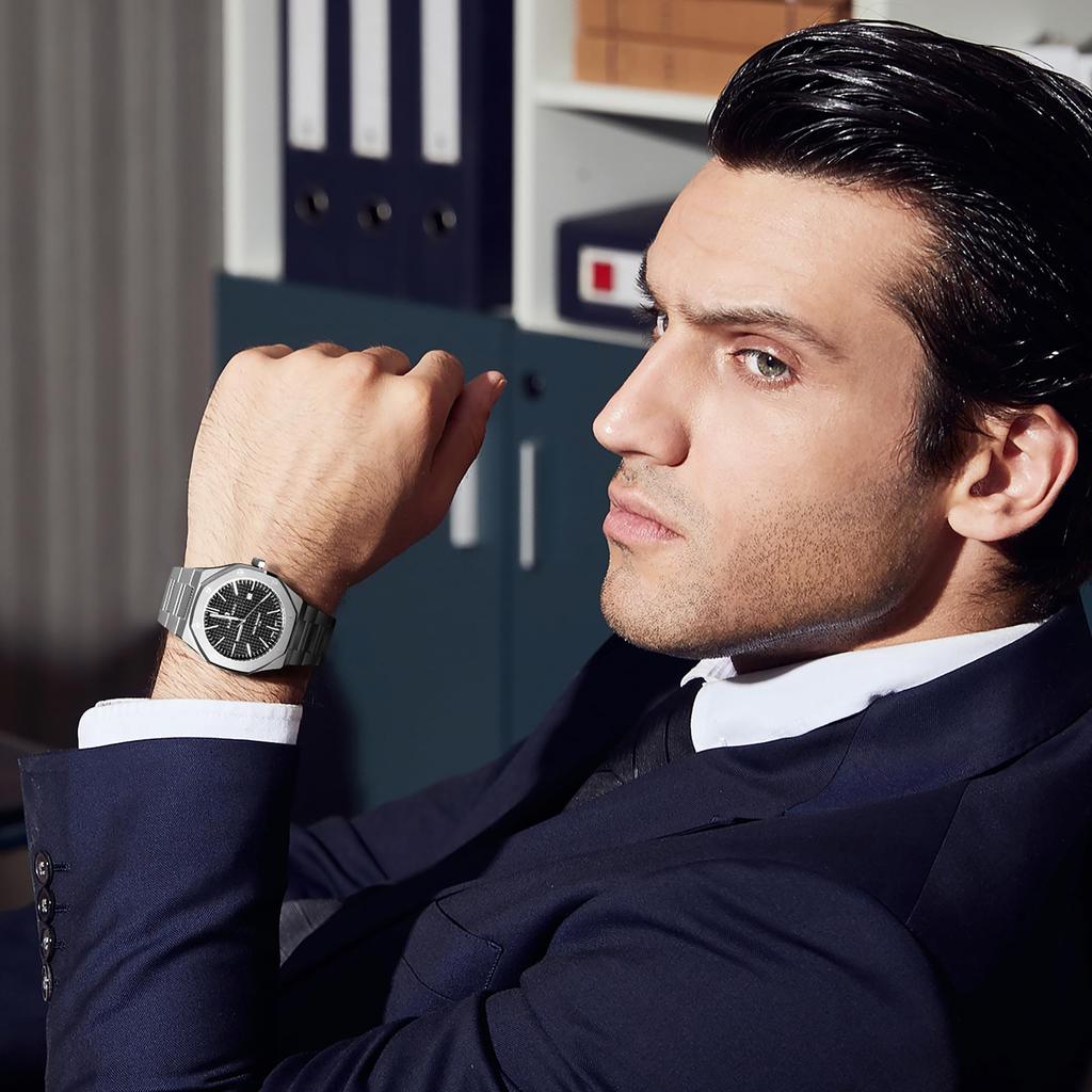 Часы SAPPHERO Восьмиугольные из нержавеющей стали Водонепроницаемые Люминесцентные Наручные часы Роскошные Аналоговые Кварцевые часы Дата Платье Деловые часы Повседневный Роскошный Дизайн