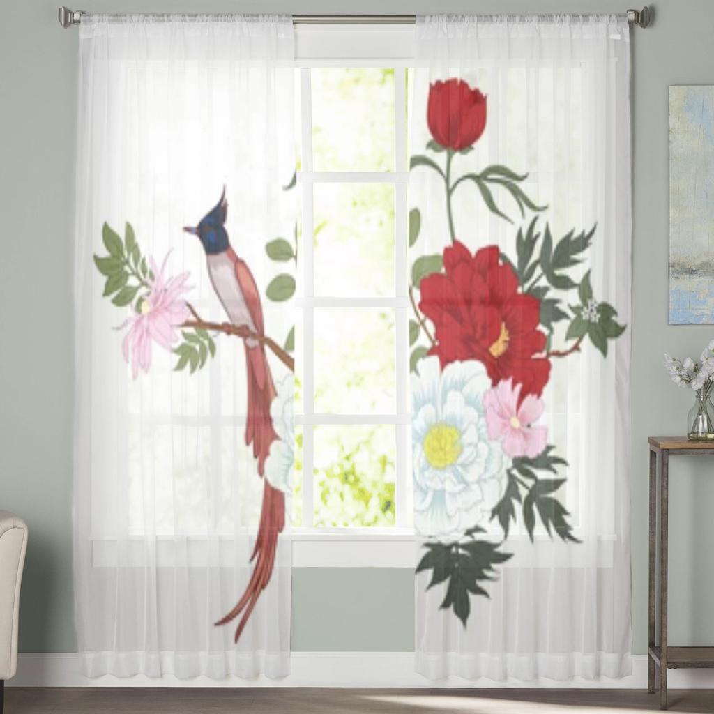 Прозрачные оконные шторы с пионами и птицами для гостиной, спальни, современная вуаль, тюлевые шторы, тканевые шторы для кухни