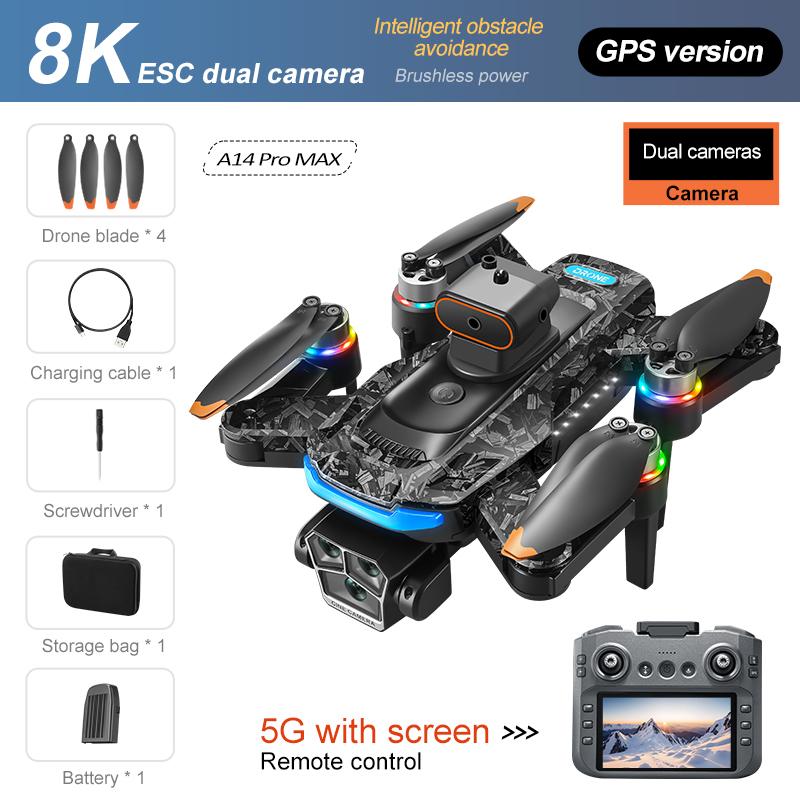 Обновленный дрон A14 Pro Max Аэрофотосъемка 8K HD Двойная камера 5G WIFI GPS Бесколлекторный двигатель Оптический поток Предотвращение препятствий Радиоуправляемый дрон 10000 м