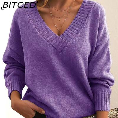 Женский пуловер оверсайз с V-образным вырезом - Универсальный трикотаж для повседневной носки