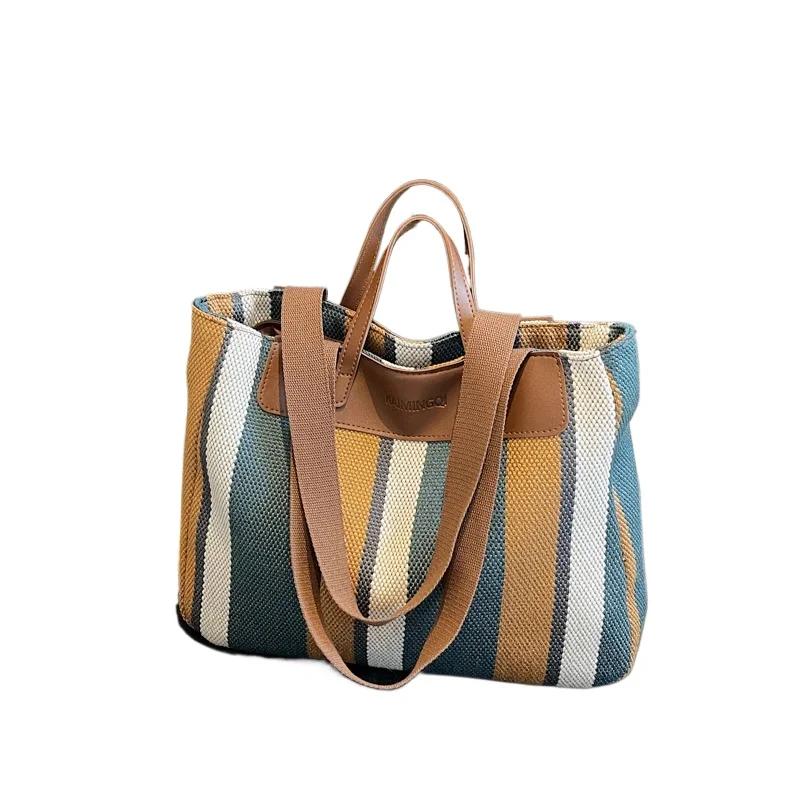 High Capacity Striped Canvas Sweet Bags for Women Standard Fashion Color Collision Commute Bag New Versatile Shoulder Bags