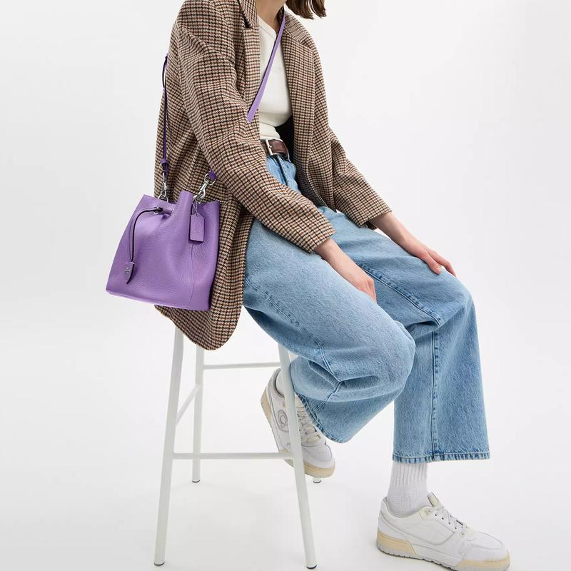 COACH Rowan 21 brand logo gold hardware coated canvas and leather bucket bag shoulder bag small women's purple