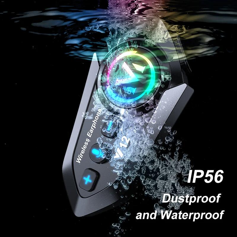 Y12 500M Two Rider Wireless Bluetooth 5.4 Motorcycle Helmet Headphone IPX6 Waterproof 800mAh Noise Canceling RGB Color FM Radio Headset