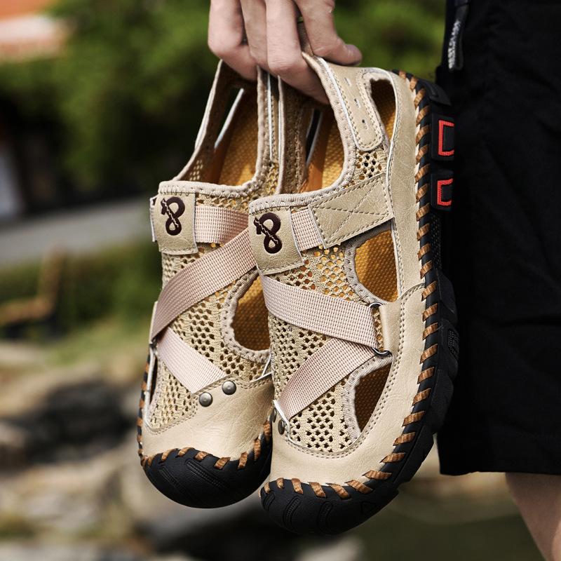 Мужская летняя обувь для прогулок, сандалии на плоской подошве из натуральной кожи, модная пляжная обувь, повседневная походная обувь