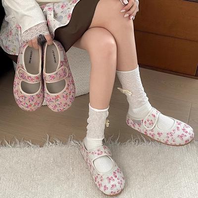 Повседневная мода французские милые розовые цветочные туфли-лодочки с неглубоким вырезом на плоской подошве женские 2025 новая весна туфли Мэри Джейн