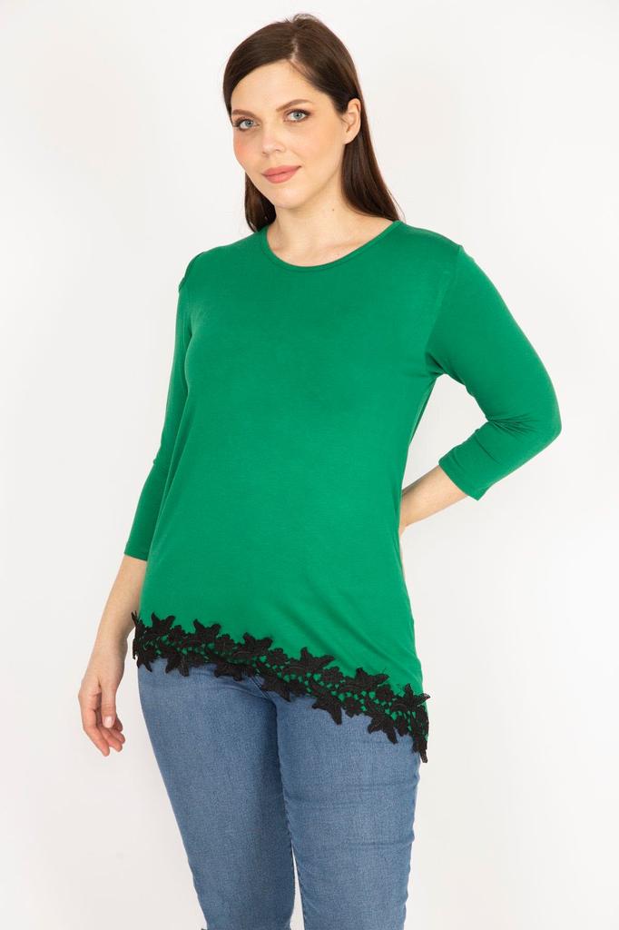 Женская блузка большого размера, зеленая блузка больших размеров на одно плечо с глубоким вырезом и кружевным подолом