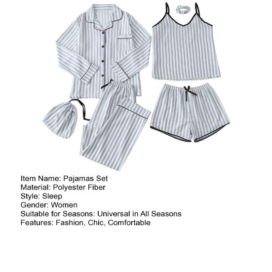 Women's 7-Piece Satin Pajama Set Sexy Cami Top Button Down Long Sleeve Top And Shorts Pants Sleepwear Pjs Set