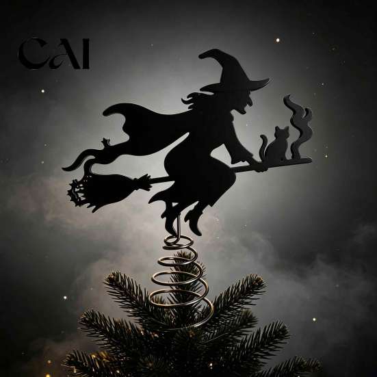 Seasonal Tree Accessories Halloween Witch Topper, with LED Lights, Black Iron Indoor Decorations Art Silhouette Ornament, for Christmas And