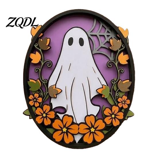 Purple And Orange Party Supplies Halloween Oval Wall Sign, Layered Wooden Decor Cute Ghost Bat Retro Style Holiday Props Pumpkin Witch Designs,