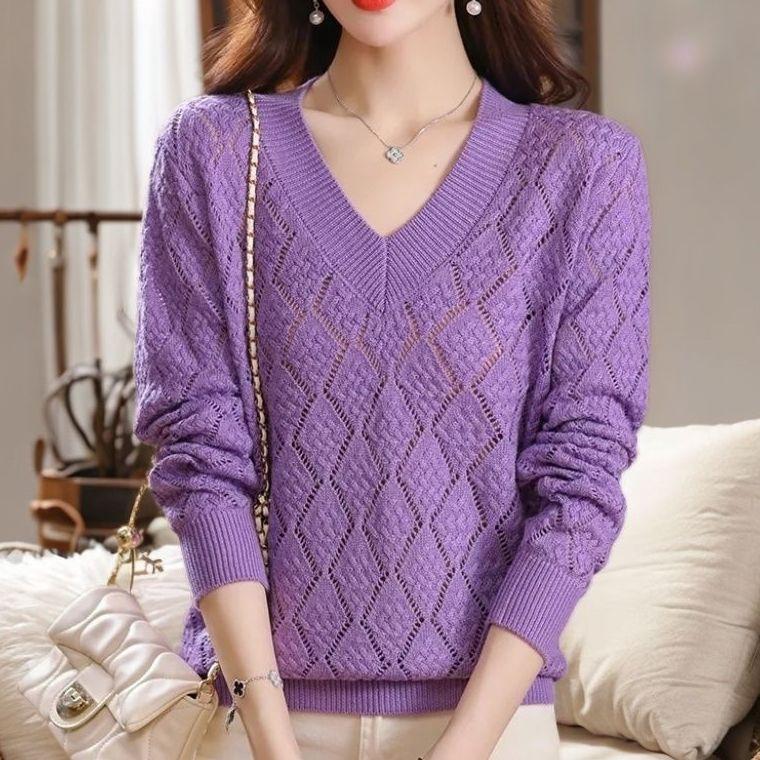 Женский пуловер допаминового цвета размера плюс с V-образным вырезом, свободный, открывающий ключицы, высококачественный вязаный топ с ажурной вязкой для осени и лета