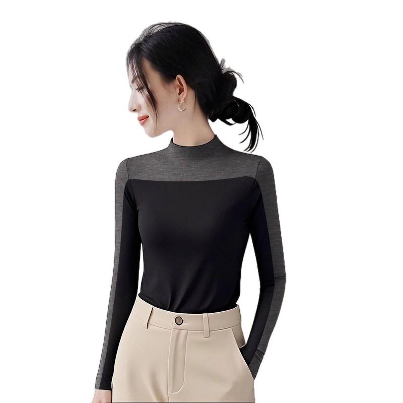 Women's Color-block High-Neck Long-Sleeve Slim-Fit Patchwork Brushed Base Layer Top