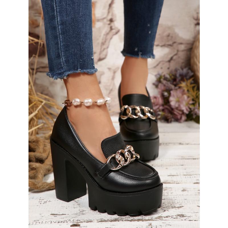 Metal Chain Professional Shoes Women's 2025 Autumn New Thick-heeled Plus-size High-heeled Shoes