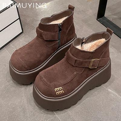 Ботильоны женские на платформе из меха, замшевые туфли на плоской подошве, модная женская обувь 2025 года, трендовая зимняя дизайнерская обувь для ходьбы, теплая повседневная женская обувь для снега