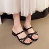 Женские летние сандалии на тонких ремешках, универсальная уличная обувь, модный квадратный носок, открытый носок, бантик, толстый каблук, высокие каблуки