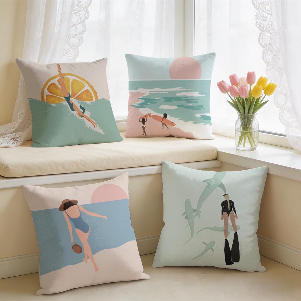 Summer Surfing Ins Art Cushion Cover Square Short Plush Pillow Case Living Room Sofa Home Decor Funda X