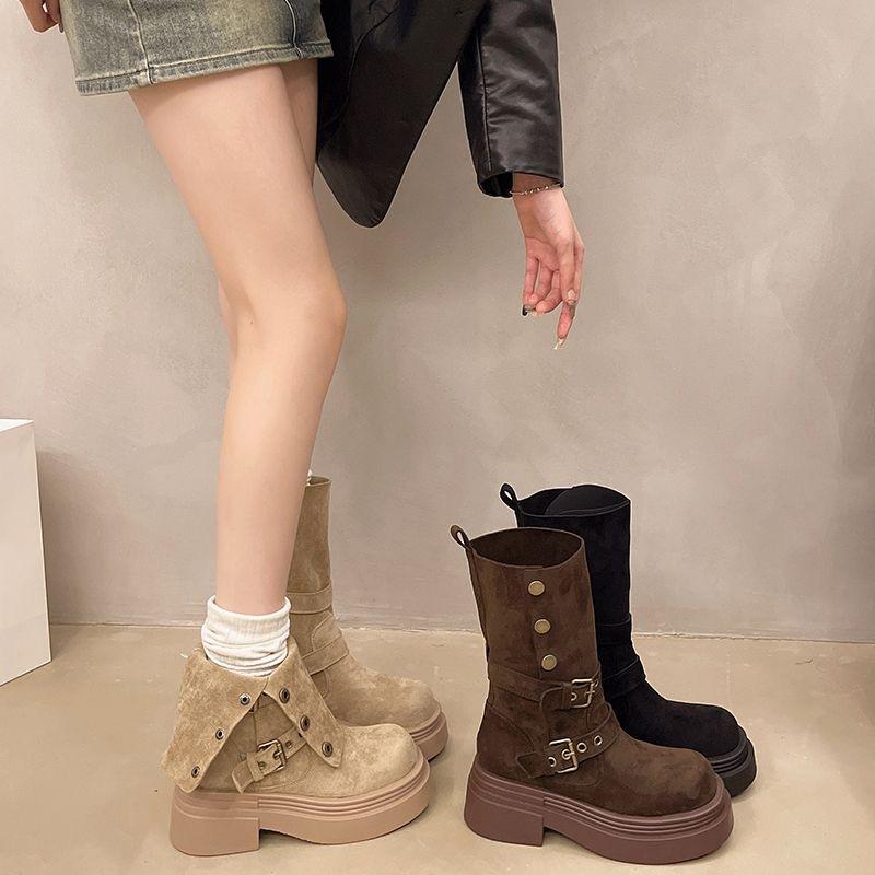 Vintage Platform Thick Bottom Women Western Cowboy Boots Belt Buckle Height Increase Female Mid Calf Booties2025 New