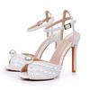 11 Cm Ultra-slim High Heel Fish Mouth Sandals Hollow Shallow Mouth Buckle Large Size Round Toe High Heels Pearl Bridal Wedding Shoes