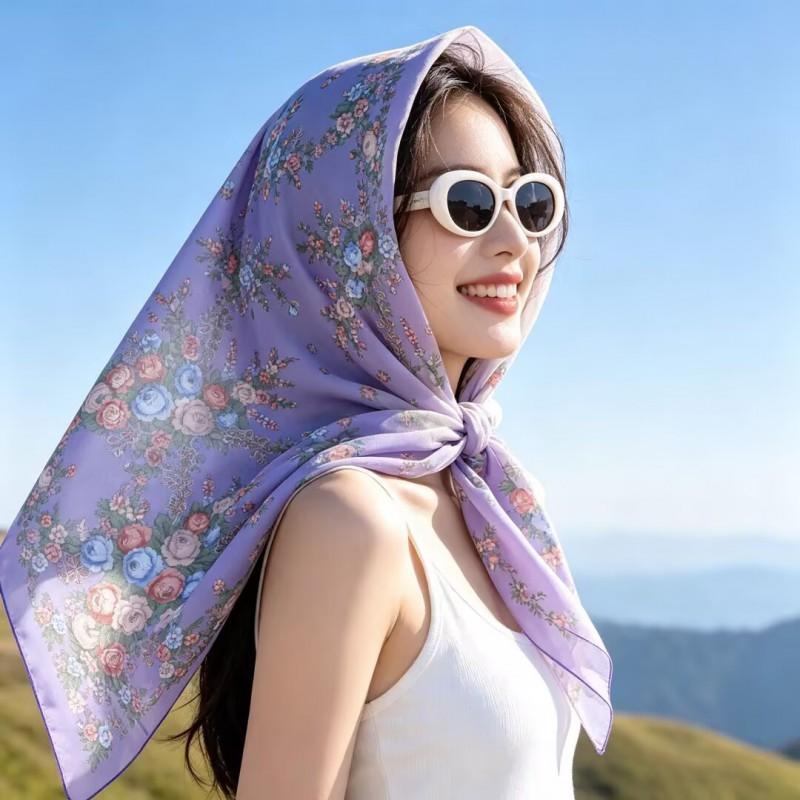 90x90cm Floral Print Square Scarf Women Lightweight Chiffon Wrap Boho Chic Headscarf Beach Cover-Up