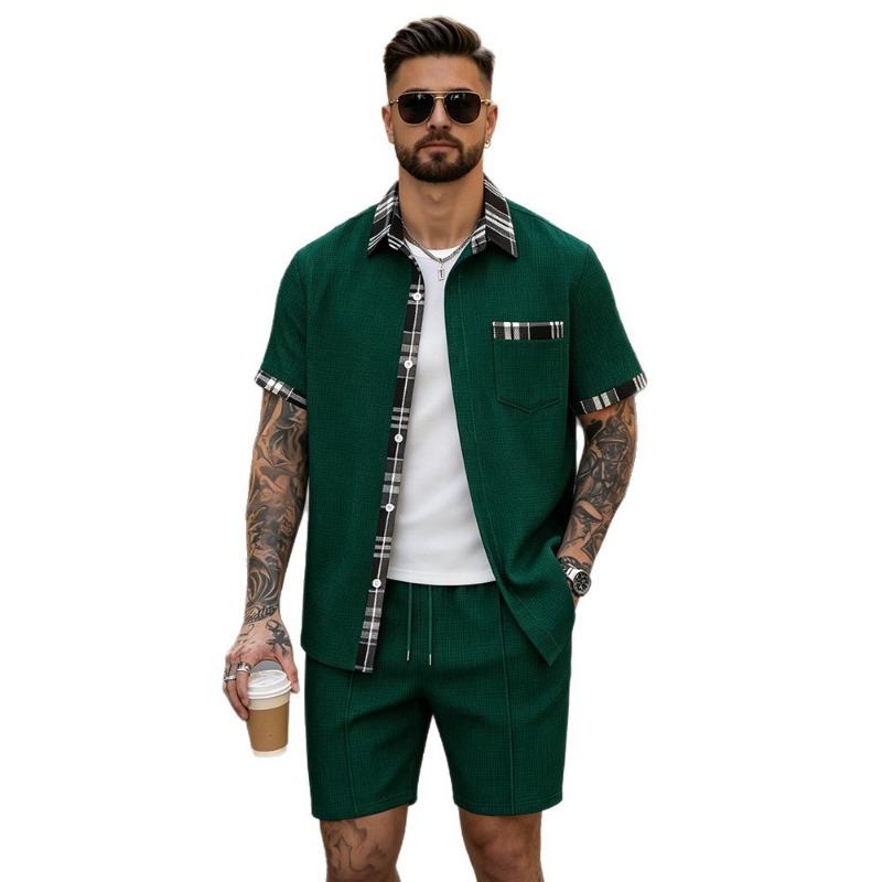 Men S Waffle Plaid Short Sleeve Shirt And Shorts Two Piece Set