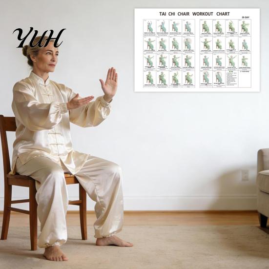 Anti-glare Tai Chi Poster 30-Day Chair Exercise for Seniors Canvas Print Practice Exercises Chart with Seated Poses Fitness Gift Elderly Beginners