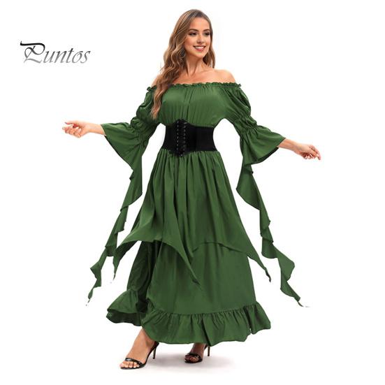 Платье на Хэллоуин Винтажное ренессансное средневековое викторианское пиратское платье Бальное платье для выпускного вечера с открытыми плечами и рукавами-колокольчиками с рюшами и плиссировкой Нерегулярный подол Макси-платье
