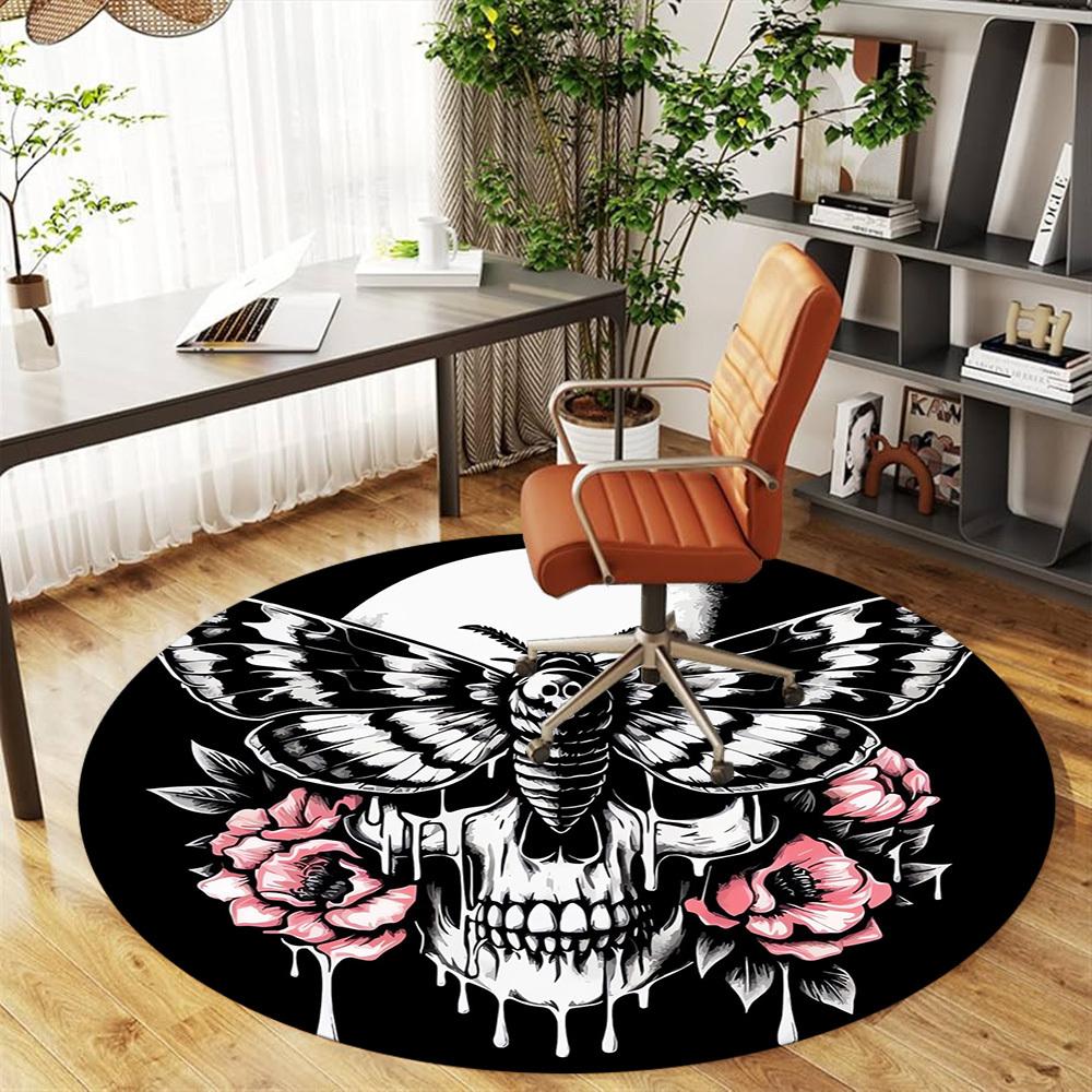 1pc Butterfly Skull Round Chair mat office Area Rug - Non-Slip, Floor Mat for Office, Bedroom, and Indoor Decor p127202