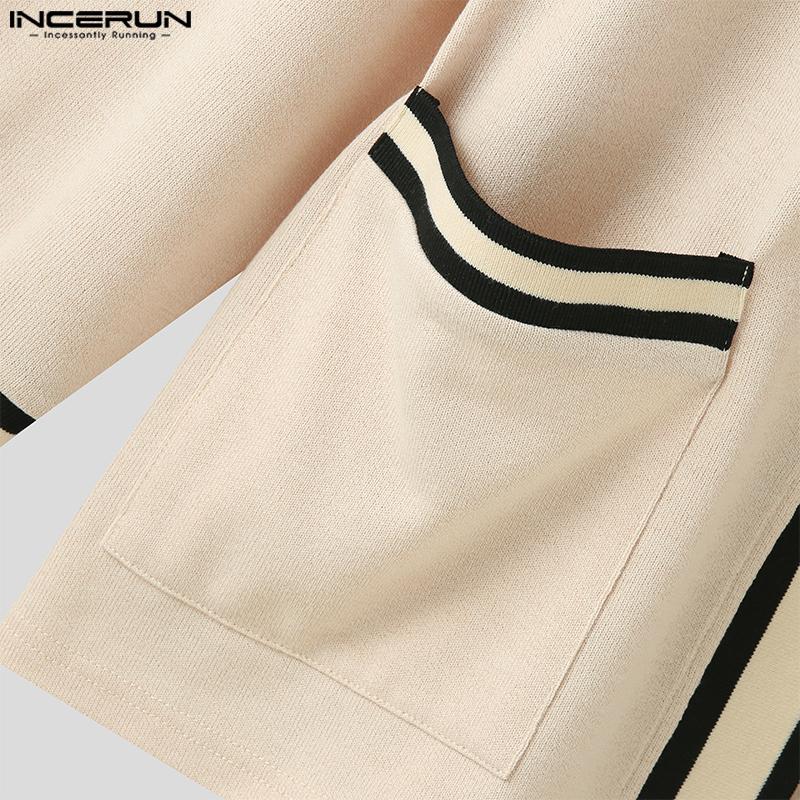 INCERUN Негабаритный мужской вязаный повседневный кардиган в стиле преппи с длинными рукавами