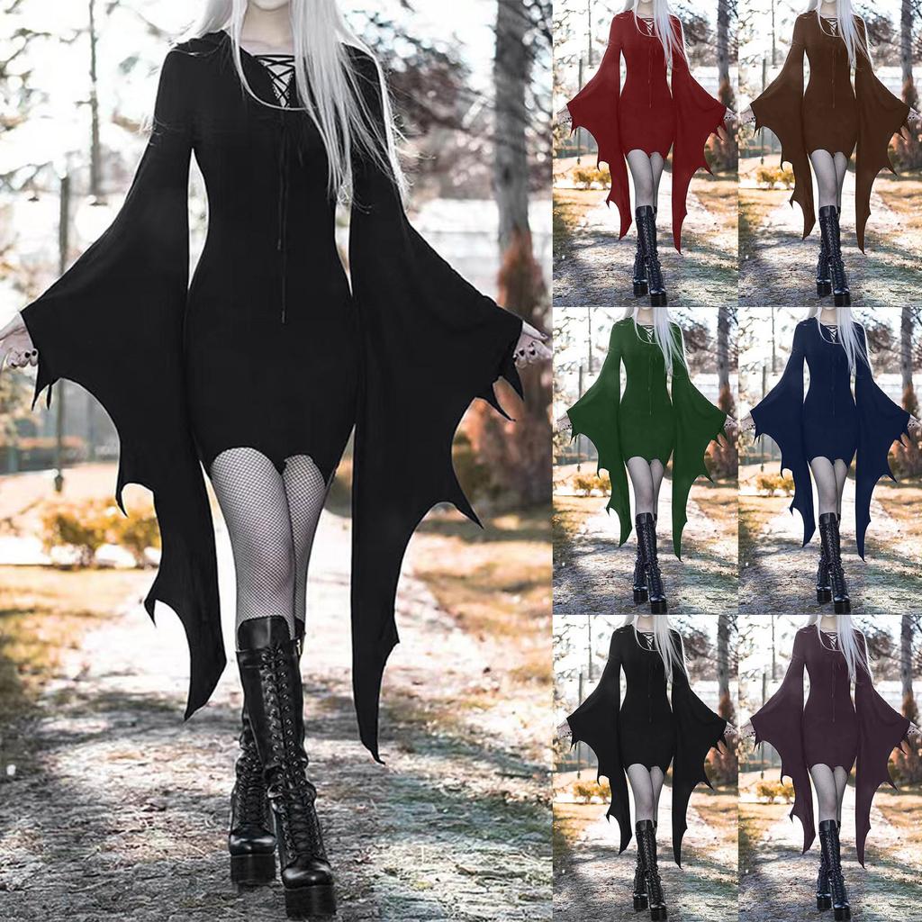Halloween Dress Up Ladies Dress Halloween Women's Fall V Neck Solid Color Sexy Slim  Sleeve Dress