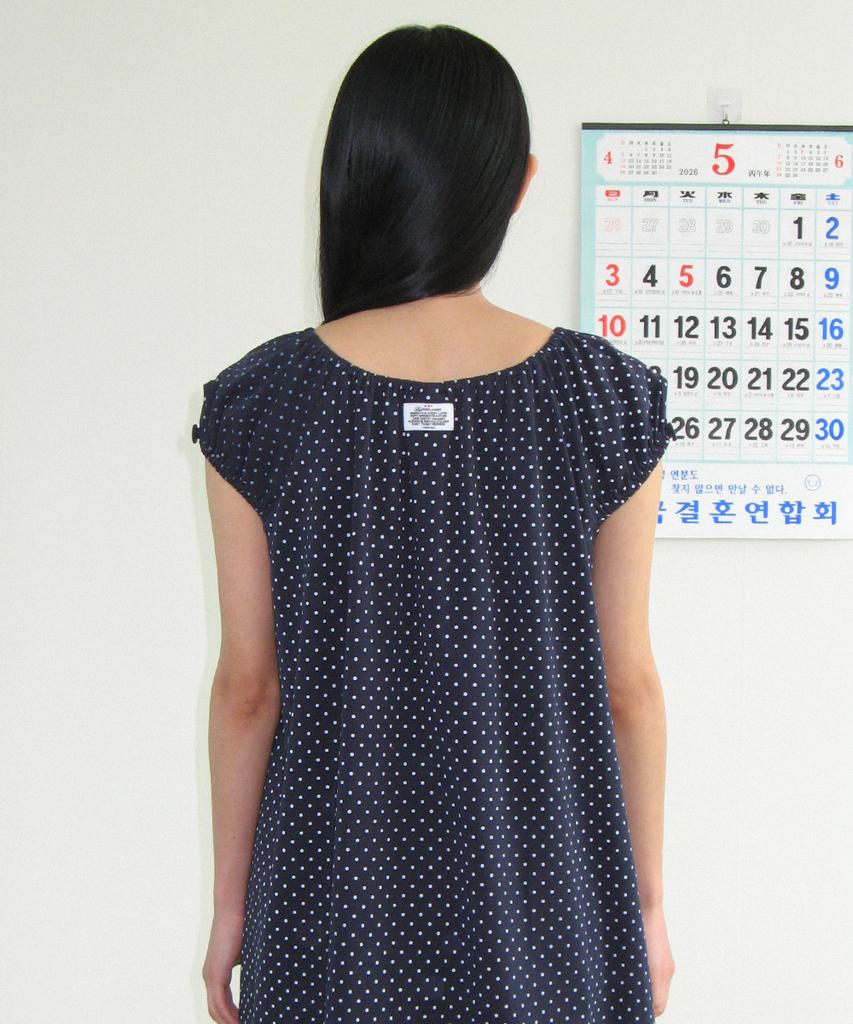 Ronron Button Puff Shirring Dress Navy Dot