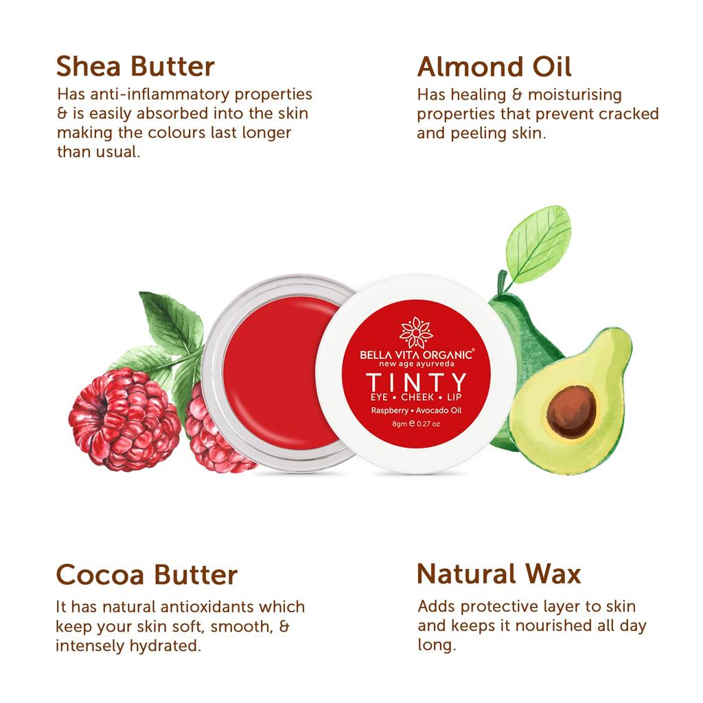 Eye, Cheek and Lip Treatment with Raspberry and Avocado Oil  (8 G), Tinty Eye Cheek Lip Raspberry Avocado Oil, Bella Vita