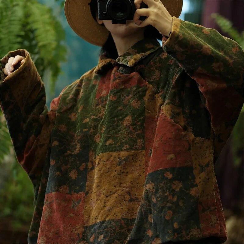 Johnature Women Vintage Print Floral Pullover Parkas Turn-down Collar Long Sleeve Winter Coats Warm Loose Parkas