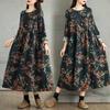 Women's Vintage Floral Linen Dress Relaxed Fit Tunic with Roll Up Sleeves  Contrast Trim