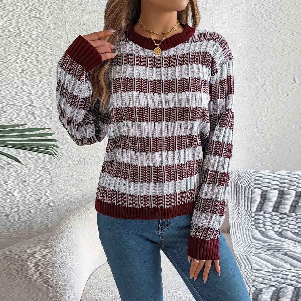 Women's Round Neck Vintage Striped Long Sleeve Pullover Sweater
