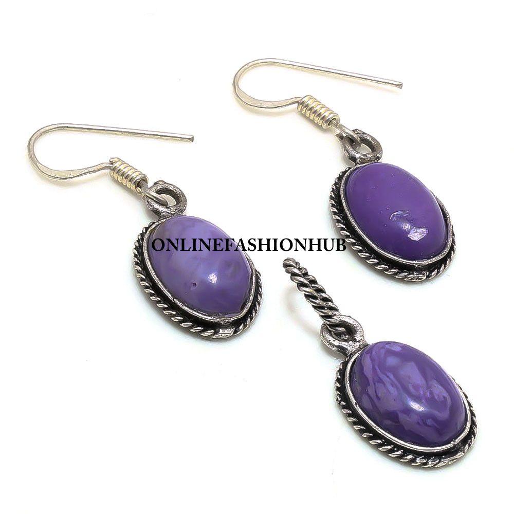 Серьги-подвески из стерлингового серебра 925 пробы с чароитовым камнем PES-S37