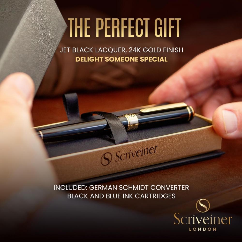 Black Lacquer Fountain Pen by Scriveiner. - Luxury Fountain Pen with 24K Gold Finish of Attractive Beauty, Schmidt 18K Gold Plated Nib (wide), Elegant