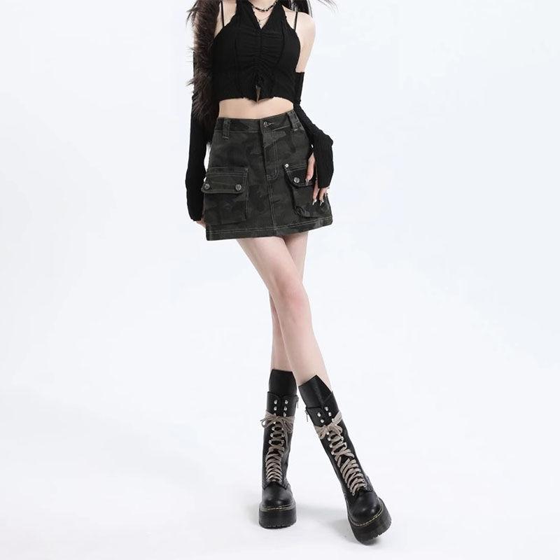 Military Green Camouflage Denim Mini Skirt With Vintage Wash For Summer Casual Wear
