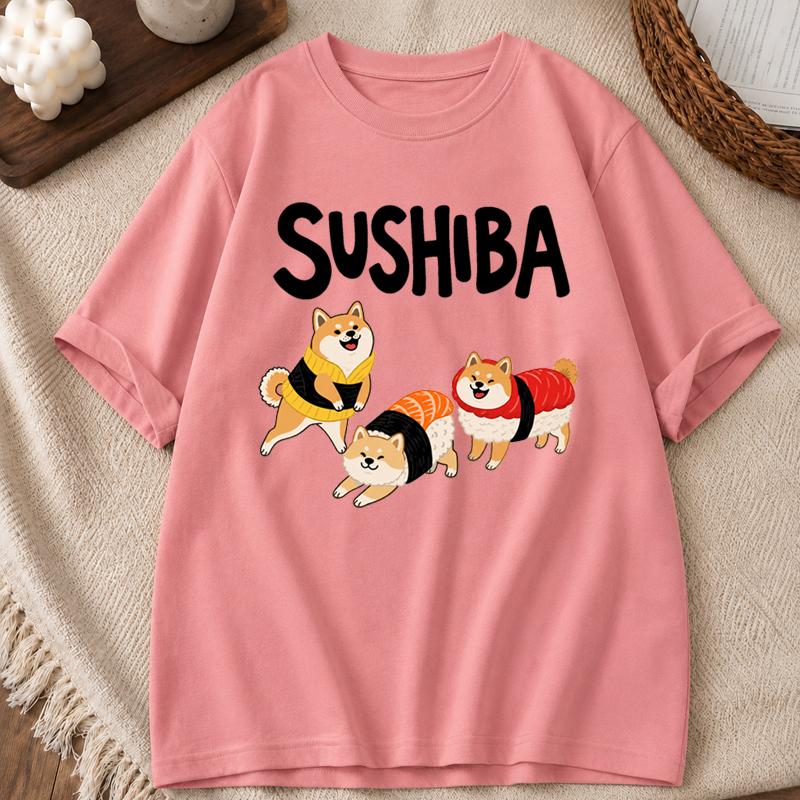 New Summer Sushi Dog Tshirt Retro Unisex And Unisex Couples Short Sleeve Loose Tshirt Funny Cartoon Dog Sushi Lover Cute Tshirt