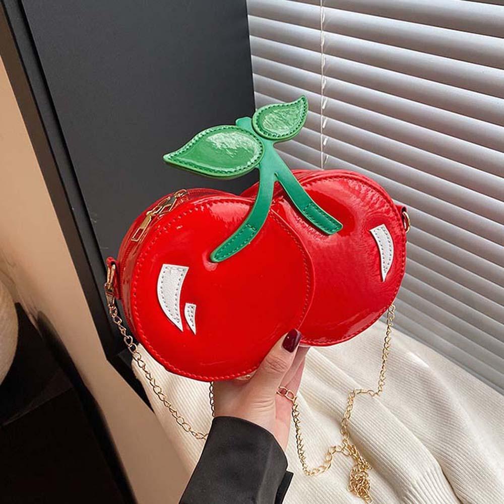 Kawaii Red Fruit Crossbody Bag Large Capacity PU Shoulder Pouch Chain Cherry Shape Bag Vacation