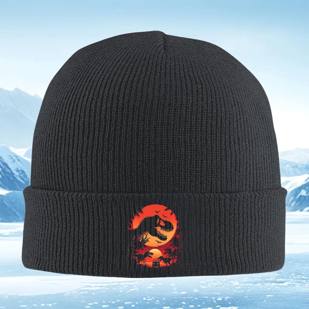Dinosaur silhouette sunset trees birds vehicle Unisex Women Unisex Knitted Hat Beanie Pullover Cap Winter Thermal Warm Christmas Ou