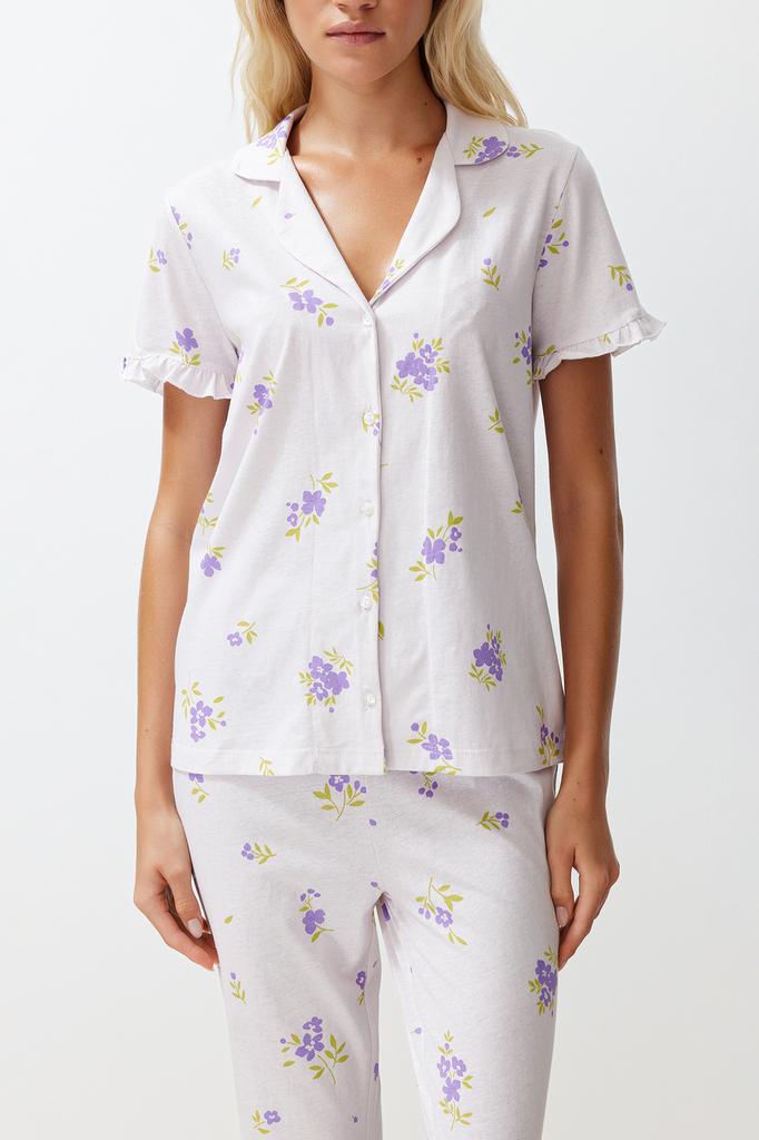 Women's Fashion New Pajama Set Ecru-Multicolor 100% Cotton Floral Ruffle Detailed Knitted Pajama Set