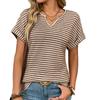 Ladies Summer Short Sleeve V Neck Striped Pullover T Shirt Top