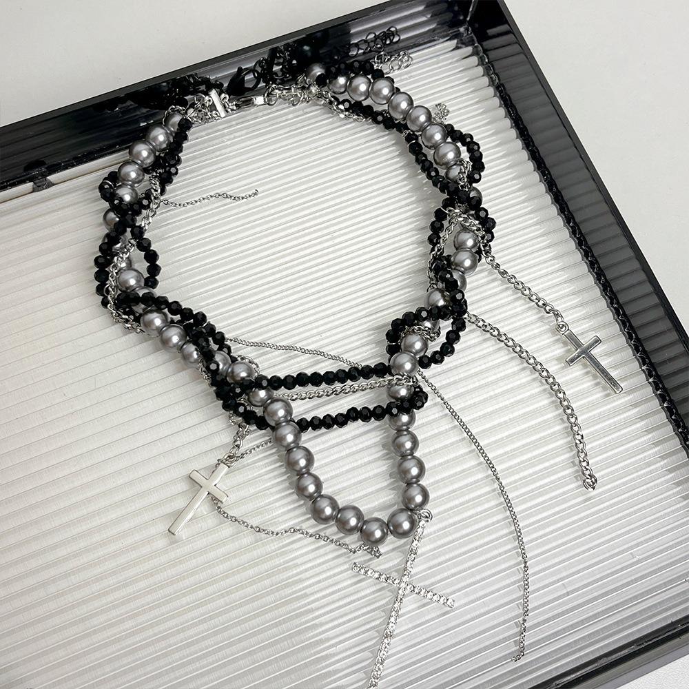 Multi-Layer Pearl Necklace Spice Girl Cross Pendant Necklace New Women's Choker
