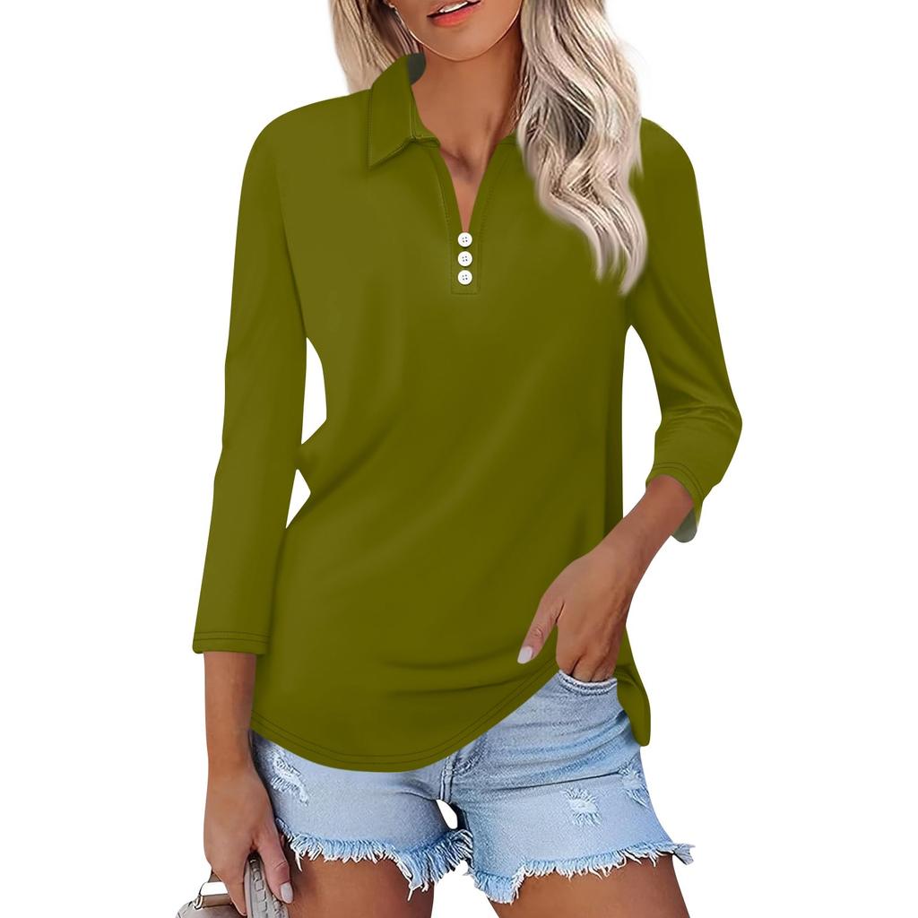 Women's Fashion Casual Lapel 3/4 Sleeve Shirt Women's Button Up Tops
